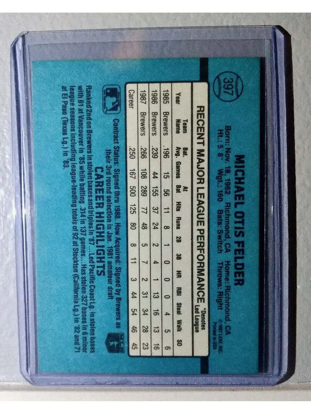1988 Mike Felder Donruss Baseball Card #397